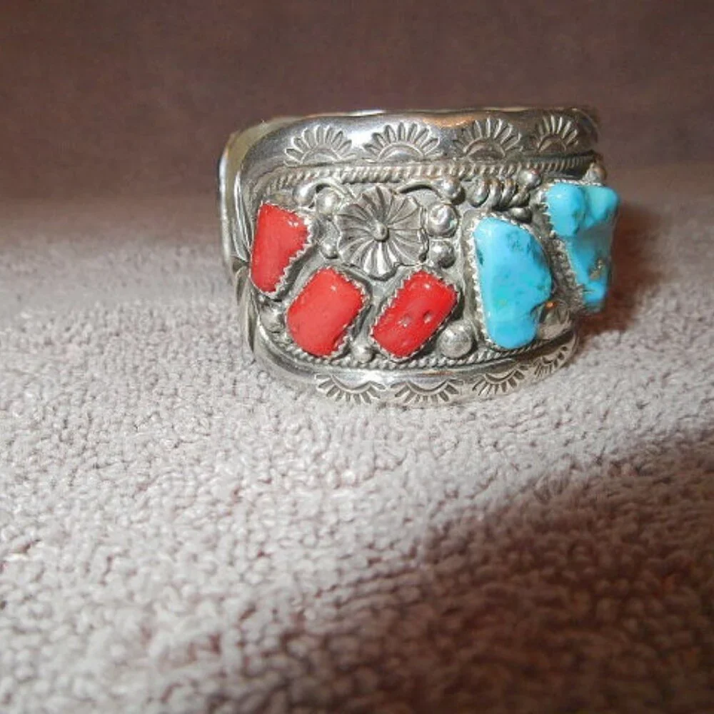 Vtg Navajo Sterling Silver Turquoise Coral Cuff Bracelet Signed Southwestern 78g